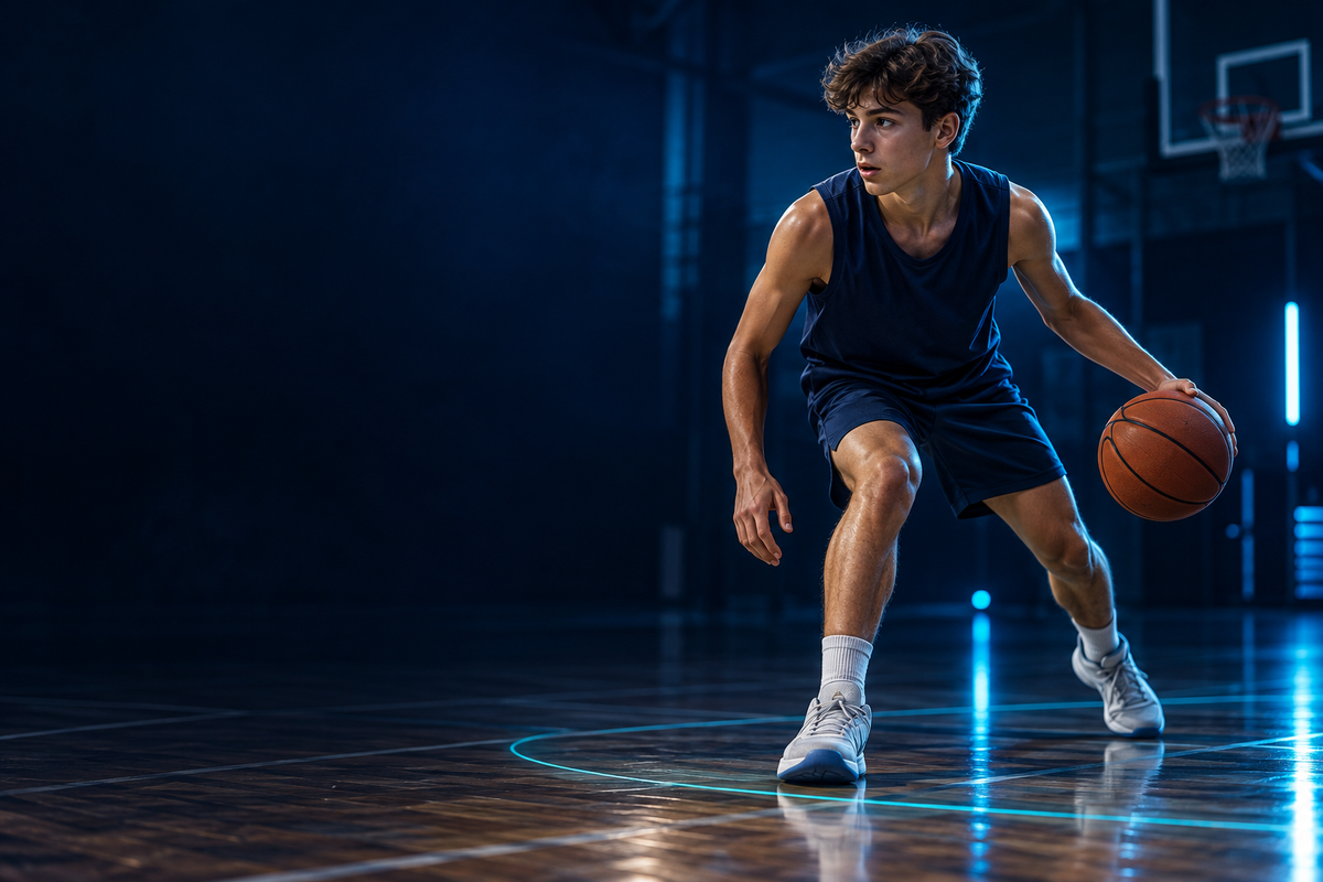 Illustration de basket : jeune joueur sur un terrain éclairé en bleu.